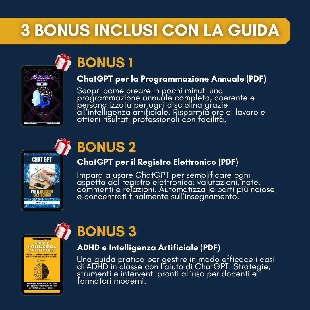 CHAT GPT PER INSEGNANTI - LA GUIDA PRATICA PER CREARE LEZIONI, VERIFICHE E MATERIALI DIDATTICI IN SOLI 10 MINUTI (+3 BONUS ESCLUSIVI GRATIS 🎁)